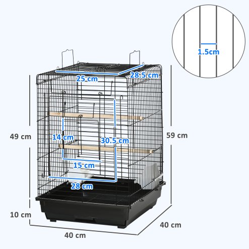 PawHut Bird Cage Parrot Cage Budgie Cage 59cm with Openable Top, Stand, Tray, Handles, Feeding Bowls for Parakeet, Finch, Black