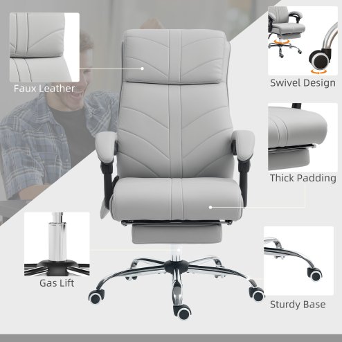 Vinsetto Office Chair with 4-point Vibration Massage and Heat, PU Leather High Back Recliner Desk Chair with Adjustable Height, Armrest, Footrest, Swivel Computer Chair for Home, Light Grey