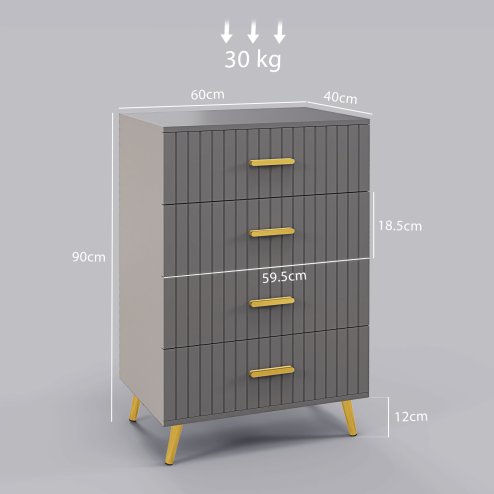 HOMCOM Bedroom Chest of Drawers, Modern 4-Drawer Dresser, Storage Drawer Unit with Aluminium Legs, Dark Grey