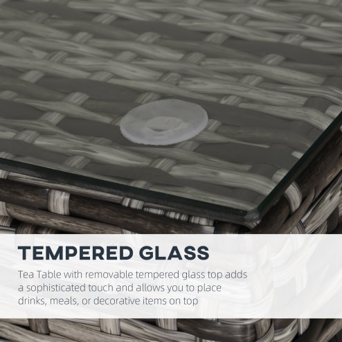 Outsunny Patio PE Rattan Side Table, Square Outdoor Coffee Table w/ Tempered Glass Top, Mixed Grey