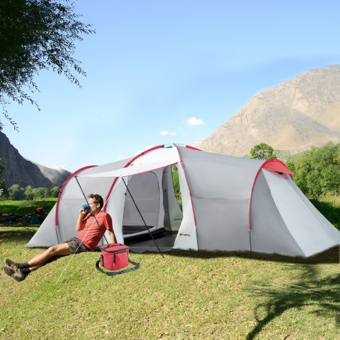 Outsunny 4-6 Man Tunnel Tent with 2 Bedroom, Living Area and Vestibule, Large Camping Tent, 2000mm Waterproof, UV50+, Portable with Bag, for Fishing Hiking Festival, Grey and Red