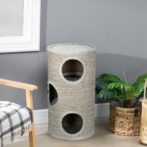 PawHut Cat Barrel Kitten Tree Tower for Indoor Cats, Cat Climbing Frame, Covered in Sisal, Cosy Platform - Light Grey