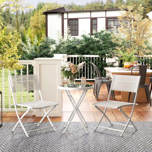 Outsunny 3 Pieces Outdoor Bistro Set, Glass Top Outdoor Table and 2 Folding Chairs, Garden Furniture Set with Protecting Feet, Steel Frame, Easy Clean, White
