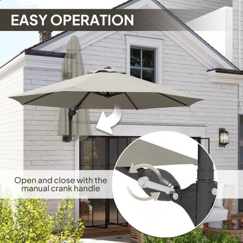 Outsunny 3 M Wall Mounted Garden Parasol Umbrella with Rotate, Outdoor Market Umbrella Sun Shade Canopy with 8 Ribs, Light Grey