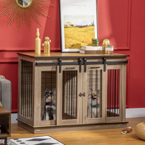 PawHut Dog Crate Furniture for Large Dog, Double Dog Cage for Small Dogs with Divider, Sliding Doors - Oak Tone