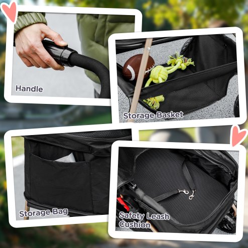 PawHut Pet Stroller, 3 in 1 Folding Dog Stroller Pram w/ 4 Wheels, Detachable Carrier, Storage Basket, Cup Holder, Safety Leashes, for Mini Dogs, Cats, Black