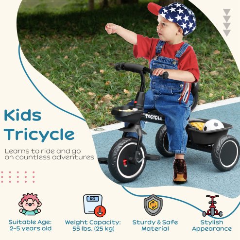 AIYAPLAY Kids Trike, Toddler Tricycle for 2 to 5 Years, with Adjustable Seat, Pedal, Front Rear Baskets, 3 Wheels Kids Bike Gift for Boys and Girls, Black