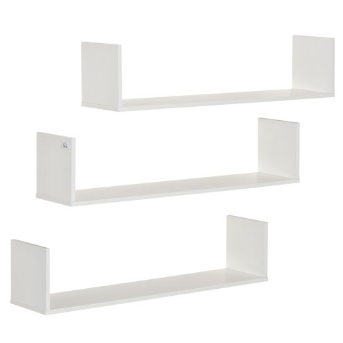 HOMCOM Set of 3 Wooden U-Shaped Floating Shelves Set Wall Mounted Hanging Bookshelf CD DVD Storage Display for Bedroom Living Room Kitchen, White Image