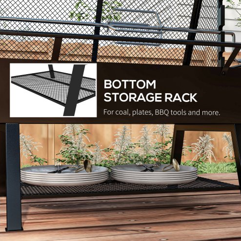 Outsunny 3-in-1 BBQ Rotisserie Grill Roaster Fire Pit with Storage Shelf, Mesh Lid and Poker, Charcoal Chicken Spit Roast Machine with Waterproof Cover for Outdoor Picnic Camping, Black