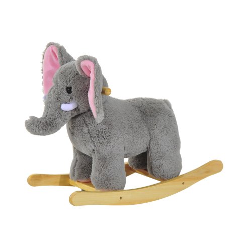 HOMCOM Kids Children Rocking Horse Plush Ride on Animal Wooden Riding Traditional Rocker Gift w/32 nursery rhymes (Grey Elephant) Image