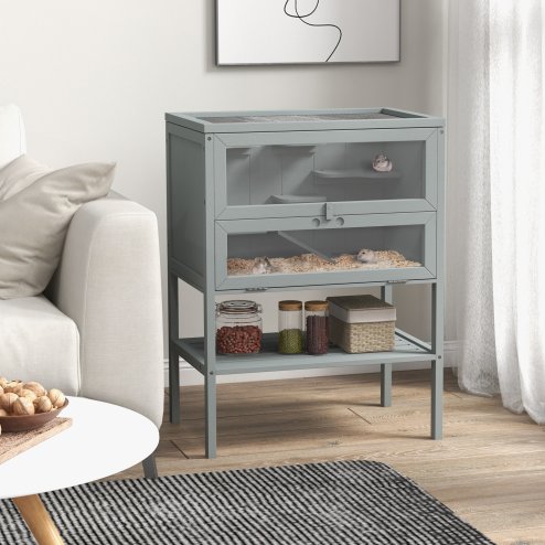 PawHut Wooden Hamster Cage with Storage Shelf, Small Animal Exercise Play House with Openable Top, for Hamsters, Gerbils, 60 x 40 x 80 cm - Grey