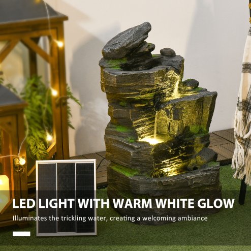 Outsunny Solar Powered Garden Water Feature with LED Lights and Pump, 4 Tier Cascading Water Fountain for Indoor/Outdoor, Stacked Stone Rock Waterfall Ornament, 57cm Height, Dark Grey