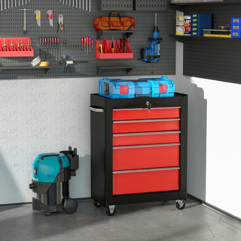 HOMCOM 5-Drawer Lockable Steel Tool Storage Cabinet with Wheels Handle 2 Keys Organisation Box Unit Chest Garage DIY Workshop Trolley Red