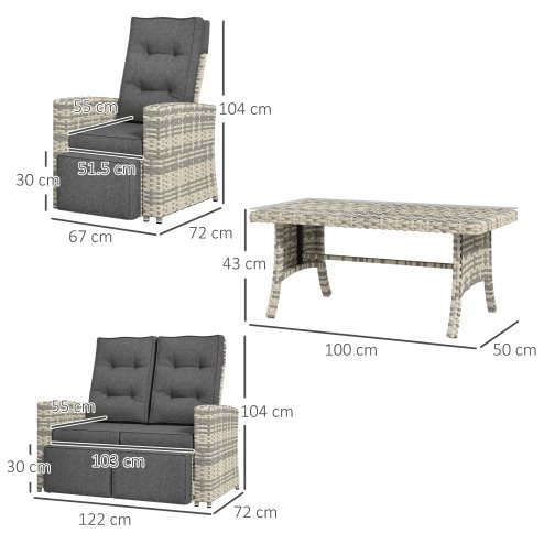 Outsunny 4 Piece Rattan Garden Furniture Set with Adjustable Backrest, Wicker Outdoor Furniture Sofa Set with Loveseat, Reclining Armchairs, Thickened Cushions and Glass Top Table, Light Grey