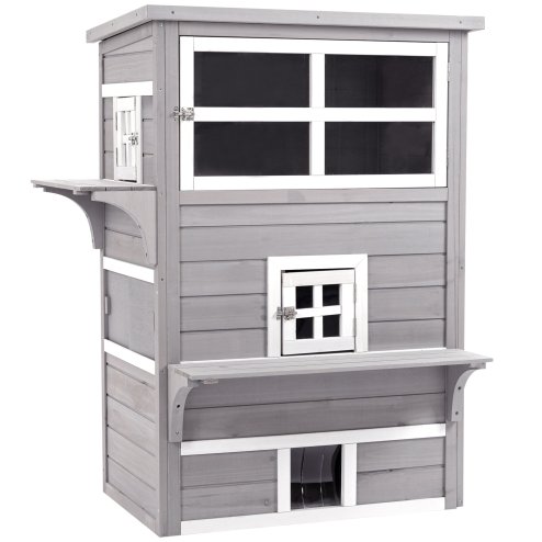 PawHut Outdoor Cat House, 3 Tier Wooden Kitten Shelter with Jumping Platforms, Asphalt Roof, Doors for Indoor, Garden - Grey