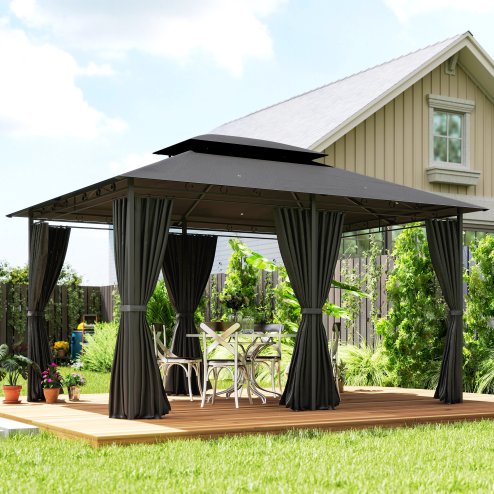 Outsunny 4m x 3(m)Garden Gazebo, Double Roof Outdoor Gazebo Canopy Shelter with Curtains, Solid Steel Frame for Patio, Garden, Black