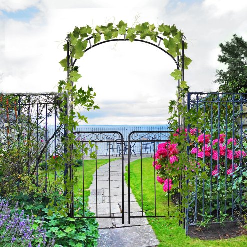 Outsunny Garden Decorative Metal Arch with Gate Outdoor Patio Trellis Arbor for Climbing Plant Archway Antique Black - 108L x 45W x 215Hcm
