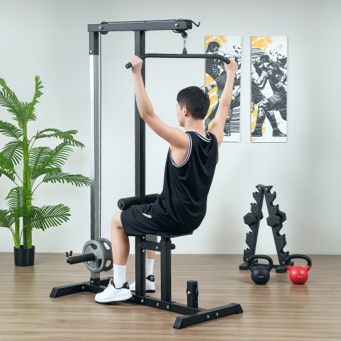 HOMCOM Lat Pull Down Machine with Extra Pulley for Seated Rows, Cable Pulley System with Adjustable Seat for Home Gym