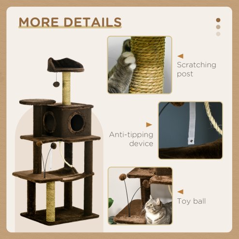 PawHut 136cm Cat Tree for Indoor Cats, Cat Tower with Scratching Posts, Hammock, Toy Ball, Cat House, Platforms - Brown