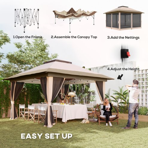 Outsunny 3.6 x 3.6m Pop Up Gazebo with Mesh Sides, UPF50+ Height Adjustable Party Tent Instant Event Shelter with Wheeled Carry Bag and Sand Bags for Garden, Patio, Beige