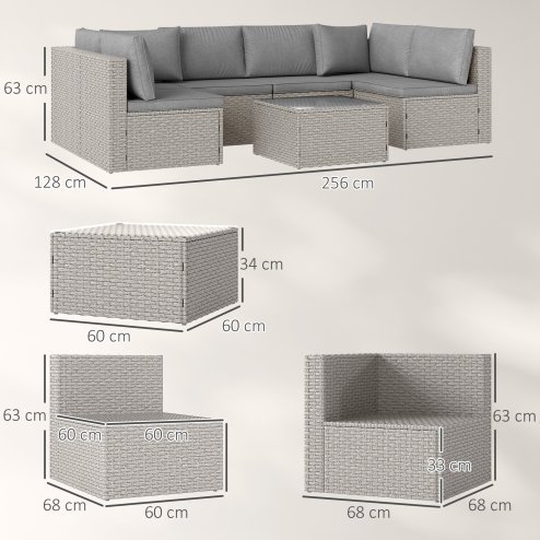 Outsunny 7 Pieces Rattan Garden Furniture Set, 6 Seater Garden Corner Sofa with Wide Seat, Cushions and Glass Top Table, Sectional Outdoor Furniture Conservatory Set for Patio, Grey