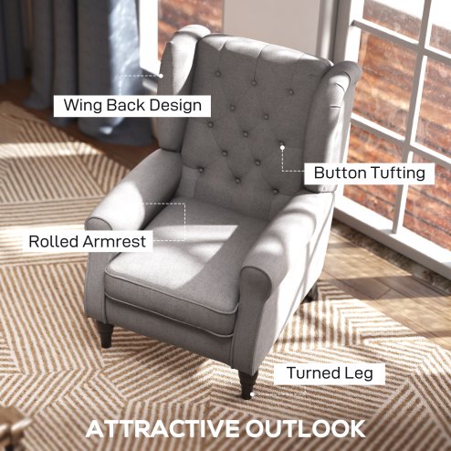 HOMCOM Retro Accent Chair, Linen Wingback Armchair with Wood Frame Button Tufted Design for Living Room Bedroom, Grey