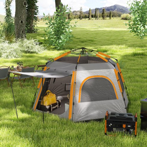 Outsunny Instant Camping Tent, 2/3/4 Person Easy Setup Dome Family Tent with Vestibule, Rainfly, 4 Mesh Windows & 2 Doors, Hexagonal Design, Waterproof & UV Protected, Light Grey