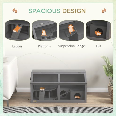 PawHut Wooden Hamster Cage, Gerbil Cage for Syrian Hamster with Exercise Play House, Openable Top 85 x 45 x 44cm - Grey