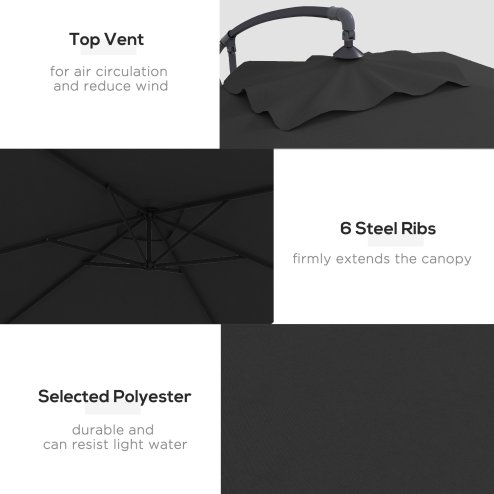 Outsunny 3x2m Cantilever Parasol with Cross Base, Banana Parasol with Crank Handle and 6 Ribs, Rectangular Hanging Patio Umbrella for Outdoor Pool, Garden, Balcony, Black