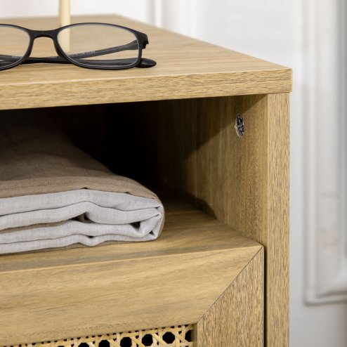 HOMCOM Bedside Table Nightstand with Storage Shelf and Door Cupboard, Side End Table with  Rattan Element for Living Room, Bedroom, Natural