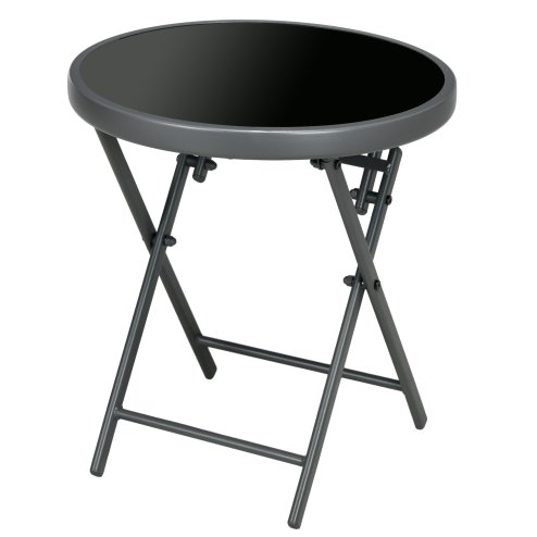 Outsunny ??45cm Garden Side Table, Outdoor Round Folding Patio Table with Imitation Marble Glass Top, Small Coffee Table, Black