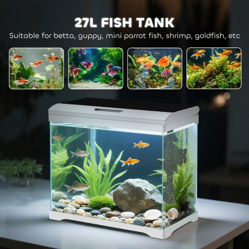 PawHut 27L Fish Tank, Glass Aquarium with Filter System, LED Light, Water Pump, Fish Tank Starter Kits for Betta, Goldfish, Shrimps, White