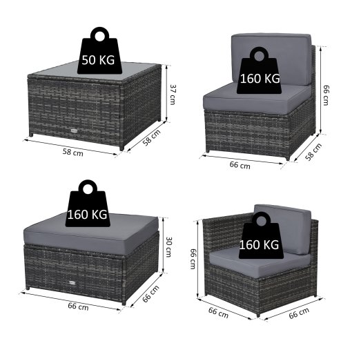 Outsunny 7Pc Rattan Garden Furniture Wicker Sofa & Coffee Table Set Patio Furniture Outdoor with Cushions Grey