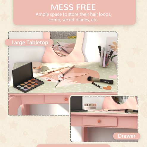 ZONEKIZ Kids Dressing Table, Girls Vanity Table Cute Animal Design with Mirror, Stool, Desk, Drawer for Kids Room, Bedroom, Nursery, 3-6 Years Old, Pink