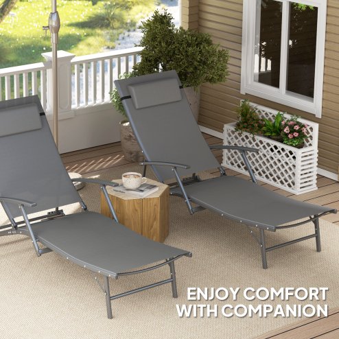 Outsunny Set of 2 Folding Sun Loungers for Garden, 4 Positions Adjustable Outdoor Chaise Lounge Chairs with Armrests, Pillows, Steel Frame, Sunbed Recliners for Patio, Beach and Poolside, Grey