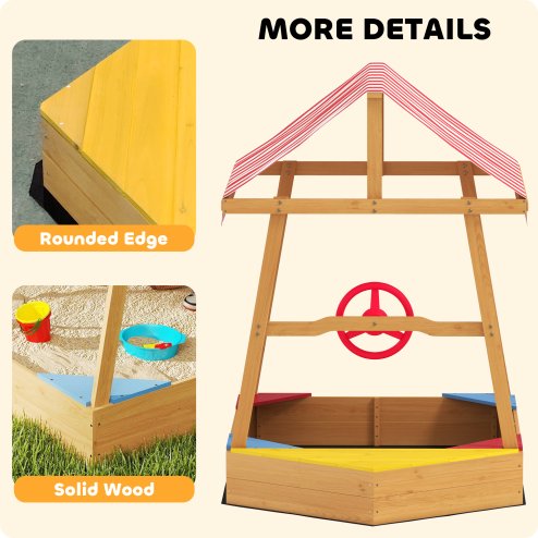AIYAPLAY Wooden Kids Sandpit, Boat Sandbox with Canopy, Seats, Rudder & Non-woven Fabric Bottom Liner, Outdoor Sand Pit for Children 3-8 Years, for Garden, Grass, Beach, Yellow