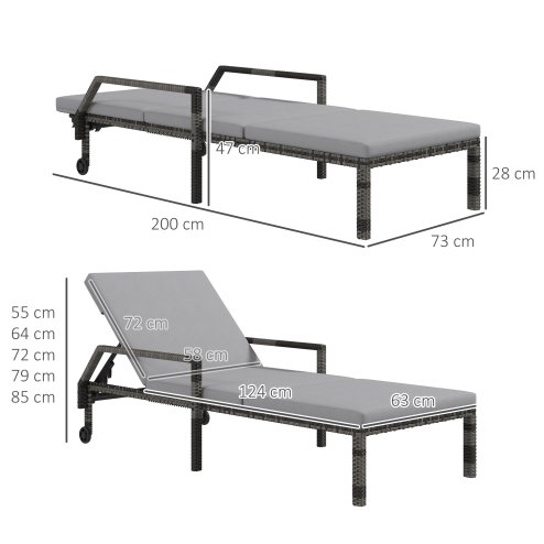 Outsunny Outdoor PE Rattan Sun Lounger, 5-Level Adjustable Backrest Wicker Outdoor Chaise Recliner, Garden Chair with 2 Wheels, Grey
