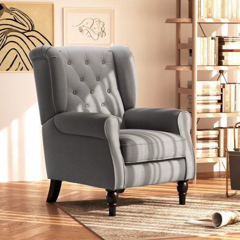 HOMCOM Retro Accent Chair, Linen Wingback Armchair with Wood Frame Button Tufted Design for Living Room Bedroom Image