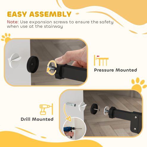 PawHut Dog Gate Stair Gate Pressure Fit Pets Barrier Auto Close for Doorway Hallway, 74-100cm Wide Adjustable, Black