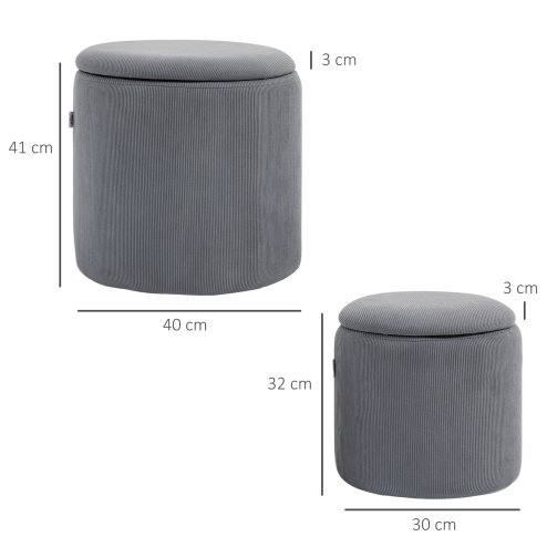 HOMCOM Set of 2 Round Ottoman with Storage, Fabric Vanity Stool for Makeup, Footrest Stool with Removable Lid for Living Room & Bedroom