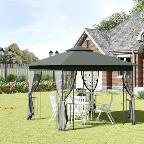 Outsunny 3(m) x 3(m) Garden Gazebo, Double Roof Outdoor Gazebo Canopy Shelter with Netting, Solid Steel Frame, for Garden, Lawn and Deck, Grey