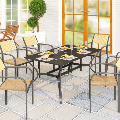 Outsunny Rectangle Garden Table with Parasol Hole, Outdoor Dining Table for 6, Patio Table with Steel Frame and Slat Tabletop for Balcony, 150cm x 90cm, Black