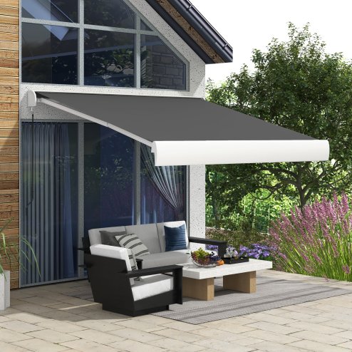 Outsunny 3 x 2.5m Electric or Manual Retractable Awning, Half Cassette, with Remote Controller, Manual Crank Handle and Aluminium Frame, Sun Canopies for Patio Deck Door Window, Grey