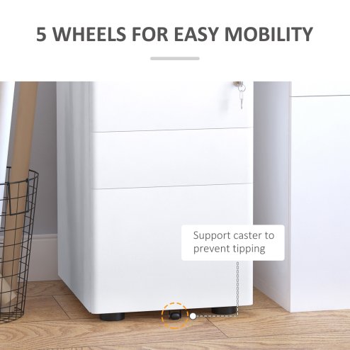 Vinsetto 3-Drawer Mobile Filing Cabinet, Steel Lockable File Cabinet for A4, Legal, Letter, Compact Under Desk Storage Unit with Pre-Assembled Body Except Wheels for Home Office, 39 x 48 x 59cm, White