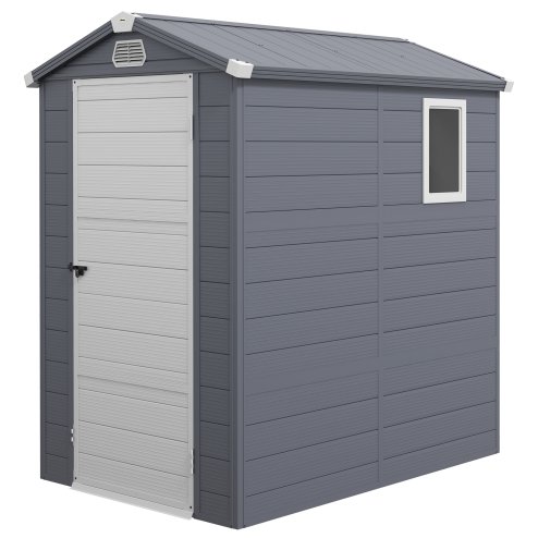 Outsunny 4 x 6ft Plastic Garden Storage Shed with Ventilation Slots and Lockable Door, Polypropylene Outdoor Storage Tool House with Foundation Kit, Grey