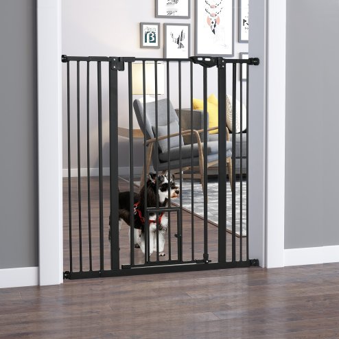 PawHut Extra Tall Dog Gate with Cat Flap, Pet Safety Gate for Doorways Stairs with Auto Close Double Locking, 104 cm Tall 74-101 cm Wide, Black