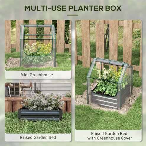 Outsunny Raised Garden Bed with Mini Greenhouse, Outdoor Metal Planter Box with Cover, for Herbs and Vegetables, Use for Patio, Garden, Balcony, Clear and Dark Grey