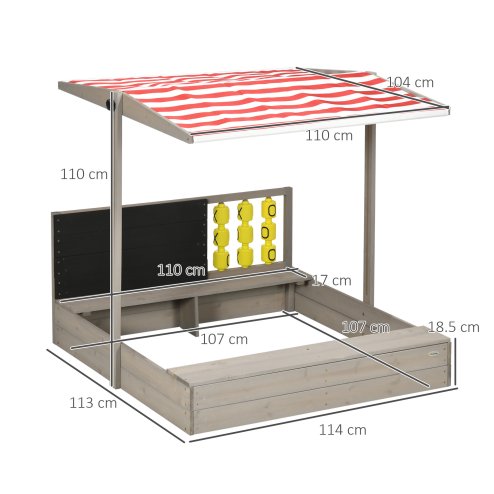 Outsunny Kids Wooden Sand Pit, Children Sandbox w/ Non-Woven Fabric, Two Seats, Canopy, for Gardens, Playgrounds - Grey