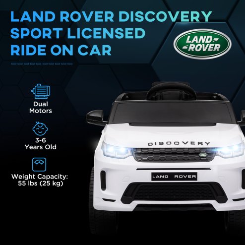 AIYAPLAY Land Rover Discovery Sport Licensed Kids Electric Car, 12V Ride on Car with Remote Control, LED Lights, Music, Horn, for Ages 3-6 Years, White