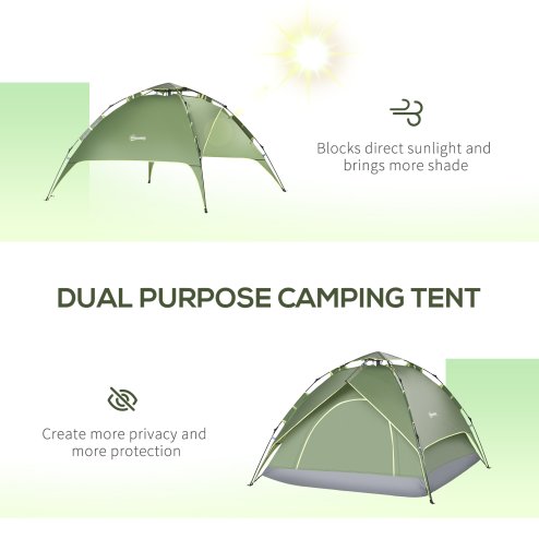 Outsunny 3 Person Camping Tent, Instant Pop Up Tent, Dome Tent with Sewn-in Groundsheet, 2 in 1 Double Layers for Camping, Hiking, Backpacking, Green